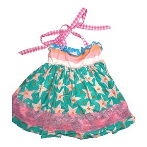Sweet Honey‎ Sun Dress Toddler Size 3 Pink Green Starfish Print Lace Smocking